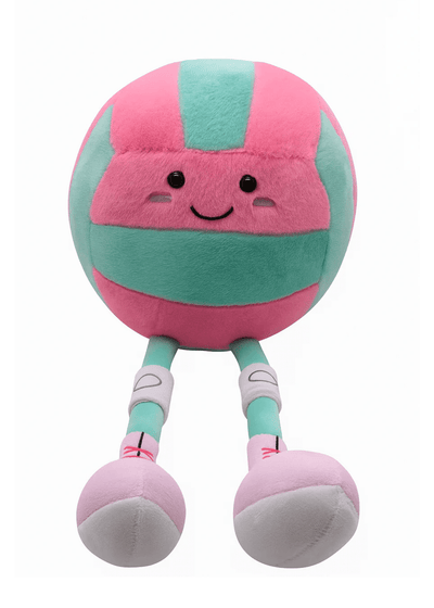 Plush toy shaped like a volleyball with legs and arms on a white background
